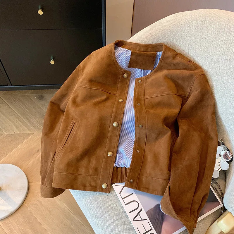 Retro Brown Suede Mermaid Jacket Women Spring Autumn Loose Casual Short Coat Design Top for 2025