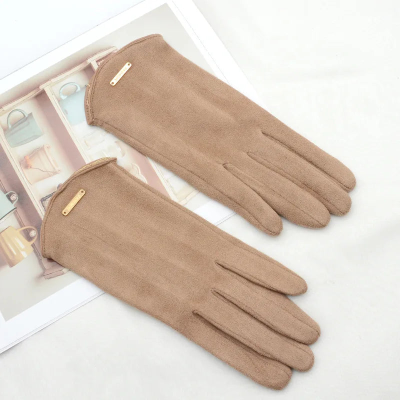 Women Autumn Winter Keep Warm Touch Screen Thin Solid Simple Gloves Cycling Drive Suede Fabric Elegant Windproof
