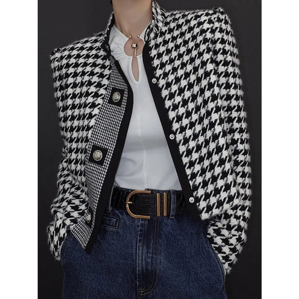 Women's Houndstooth Outerwears & Jacket Stand Collar Long Sleeves Autumn Winter Fall Clothes 2024 Women Classics Coat