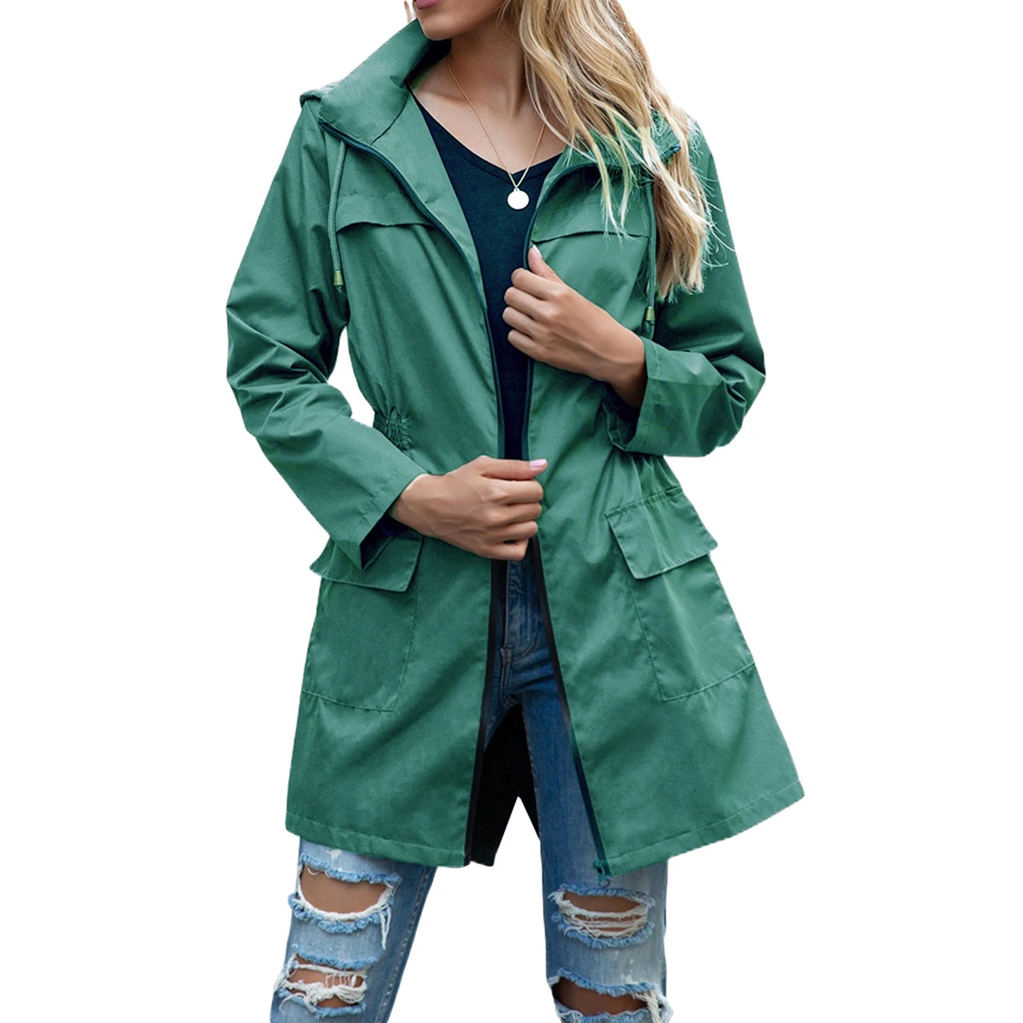 Women s Waterproof Hooded Lightweight Rain Jacket Outdoor Windproof Trench Coat Ladies Active Windbreaker with Pockets