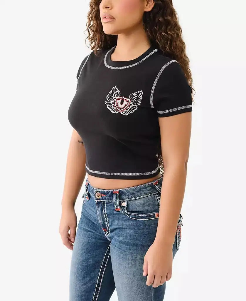 True Religion Women's Black Wings Crewneck T-Shirt Contrast Stitching Short Sleeve Running Fitness Sportswear