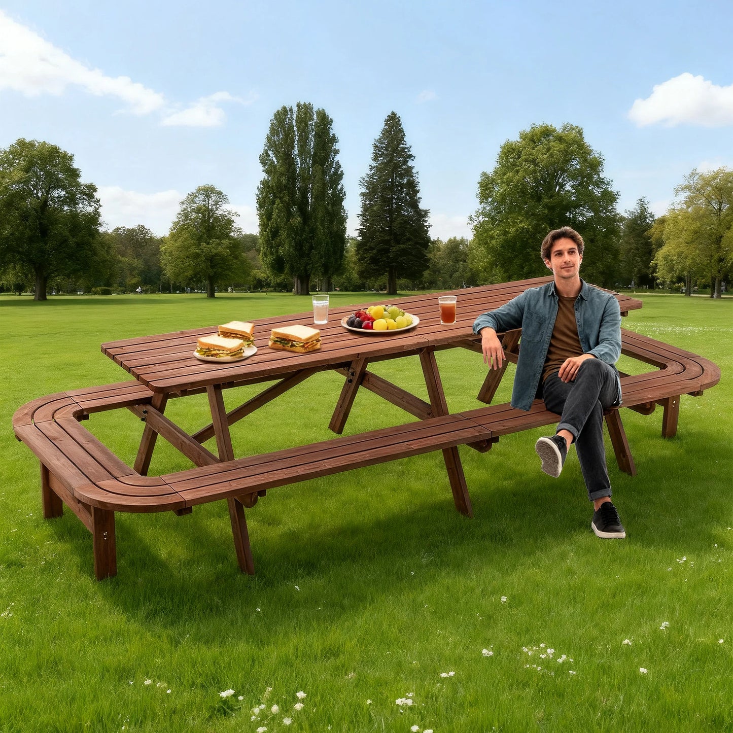 "16-Person Wooden Picnic Table w/ Umbrella Hole, Durable Outdoor Furniture for Patio, BBQ, Deck"