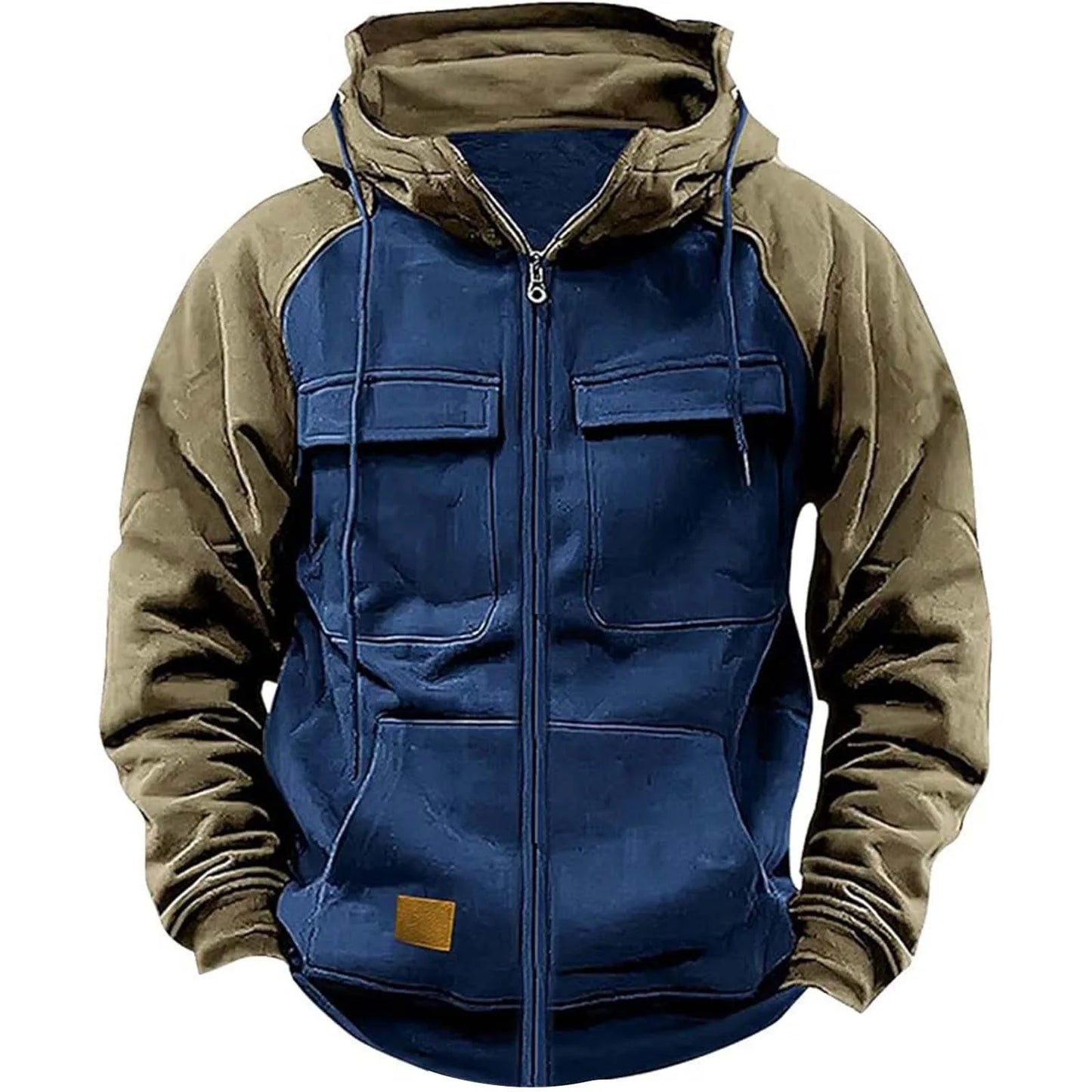 Autumn Winter Hoodies Men Zipper Patchwork Warm Fleece Sweatshirts Multi Pockets Male Fashion Hooded Jacket Thick Outdoor Hoodie