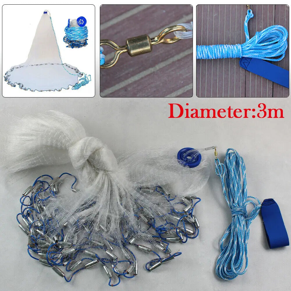 10ft Diameter Fishing Cast Net 0.59*0.59in mesh Fishing Cast Net for Bait Trap