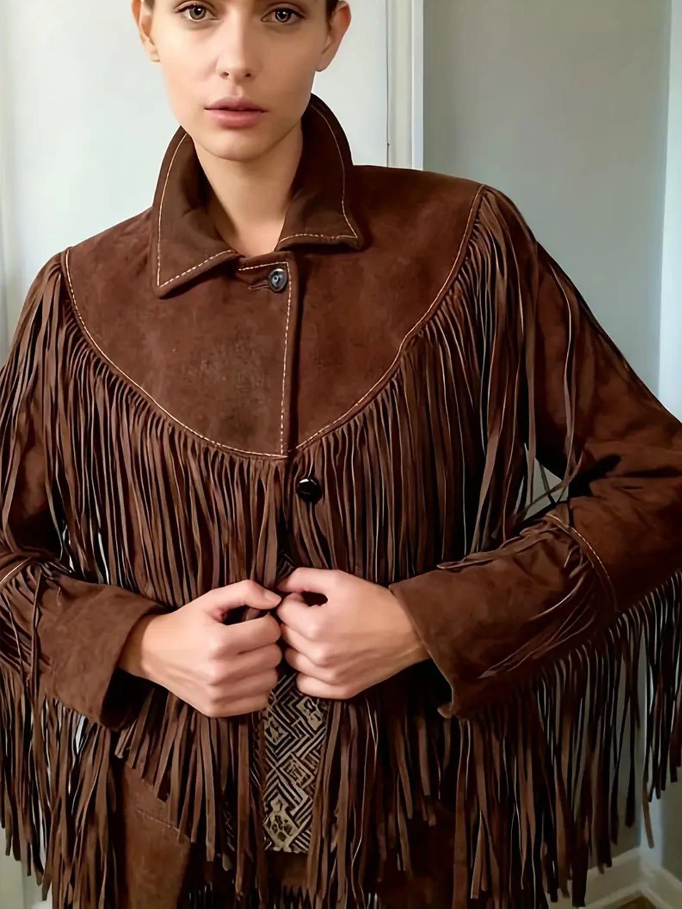 New Women's Vintage Suede Fringed Long-Sleeved Turtleneck Jacket, Western Style, Machine Washable