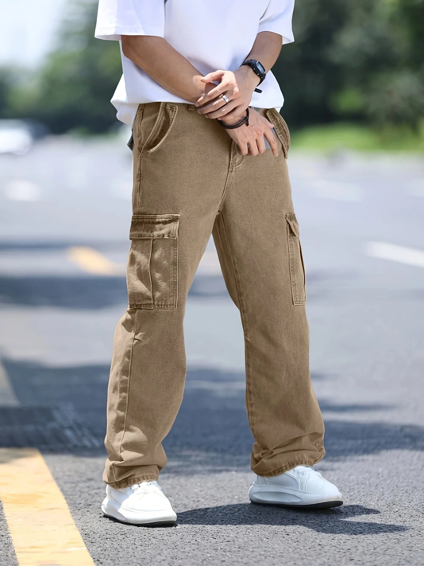 Men's multi pocket denim work pants straight leg denim pants