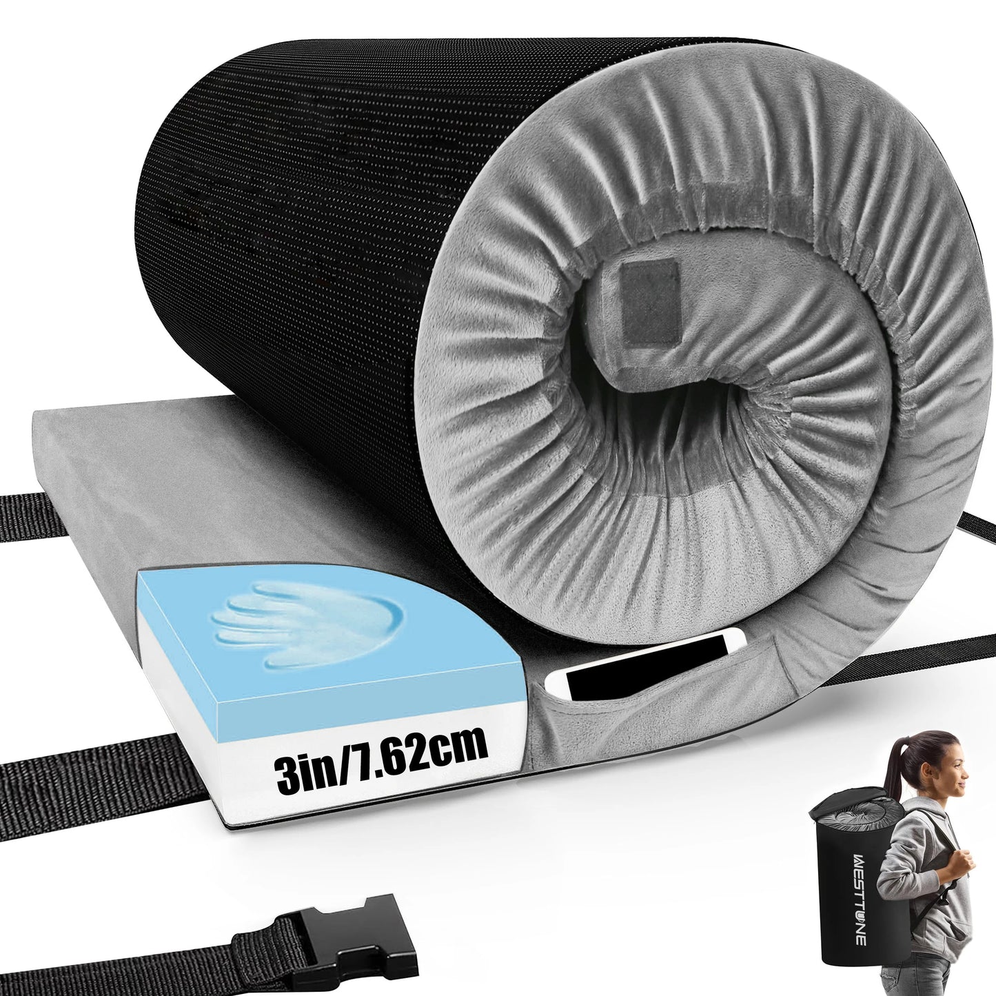 WESTTUNE Memory Foam Camping Sleeping Pad CertiPUR-US Mattress Portable Roll Up Cot Bed for Car Mat with Travel Bag Grey