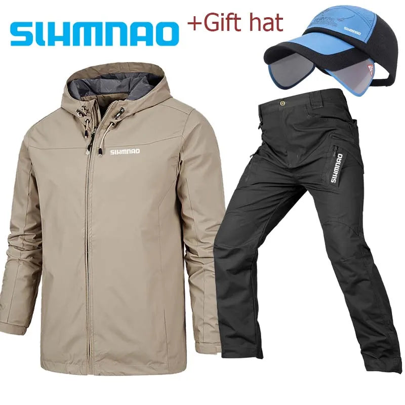 2025 Spring and Autumn Hooded Waterproof Fishing Set, Outdoor Hunting Tactical Pants, Mountaineering Cycling Clothes