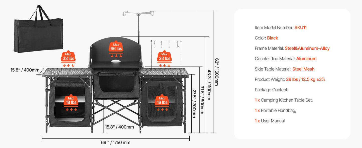 SucceBuy Camping Kitchen Table Aluminum Portable Cook Station with 3 Storage Cupboard Carrying Bag Quick Set-up for BBQ Picnic