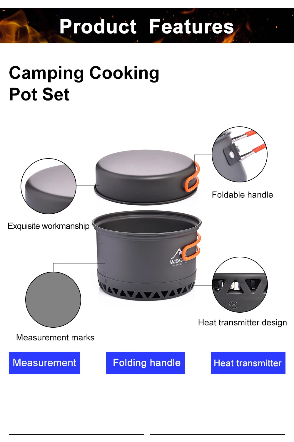 Widesea Camping 1.3L 2.3L Cookware Outdoor Cooking Set Heat Cooker Travel Tableware Pot Kettle Tourist Kitchen Utensil Equipment
