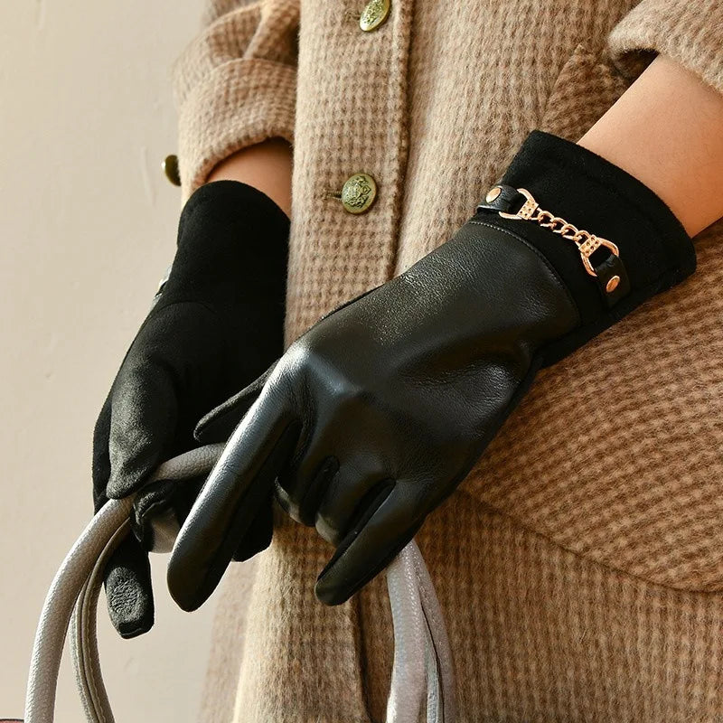 Winter Women Suede Leather Plus Velvet Keep Warm Chain Gloves Fashion Elegant Touch Screen Soft Drive Cycling Windproof Mittens