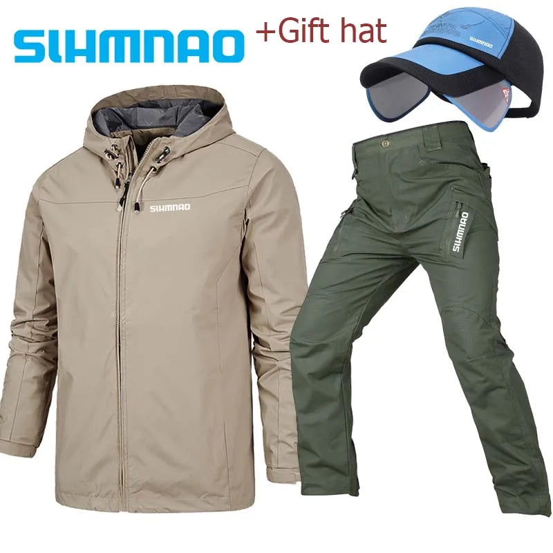 2025 Spring and Autumn Hooded Waterproof Fishing Set, Outdoor Hunting Tactical Pants, Mountaineering Cycling Clothes