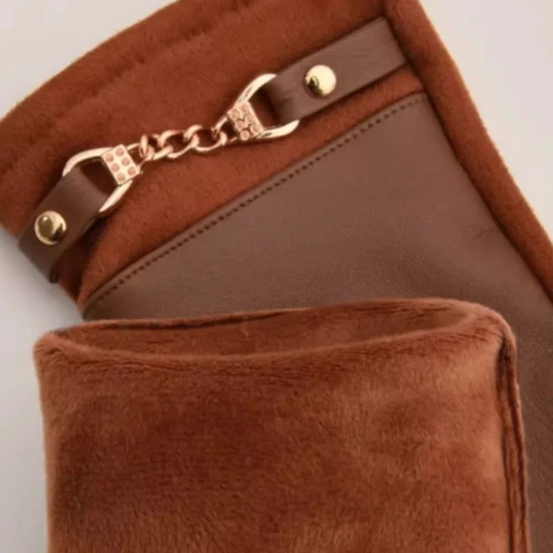 Winter Women Suede Leather Plus Velvet Keep Warm Chain Gloves Fashion Elegant Touch Screen Soft Drive Cycling Windproof Mittens
