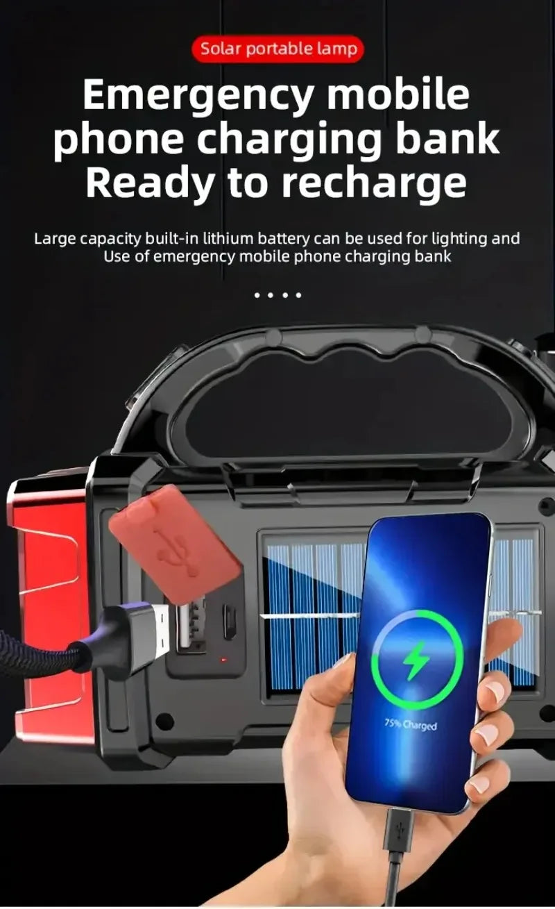 LED Flashlight USB+Solar Rechargeable Flashlight COB Outdoor Camping Torch Portable Searchlight Power Bank for Fishing Outdoor