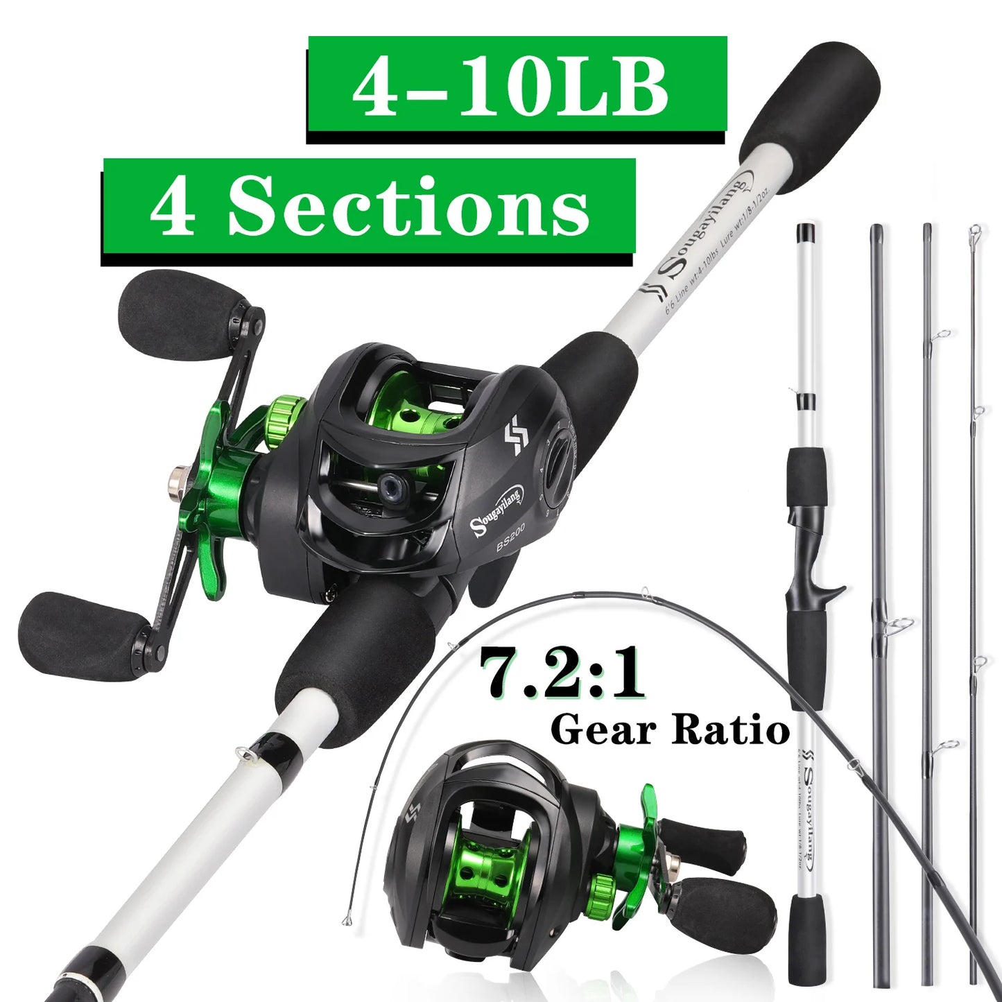 Sougayilang Fishing Rod Reel Combo 1.8m 4-Sections Carbon Fiber Rod and 7.2:1 Speed Gear Ratio Max Drag 8kg for Bass Pike Pesca