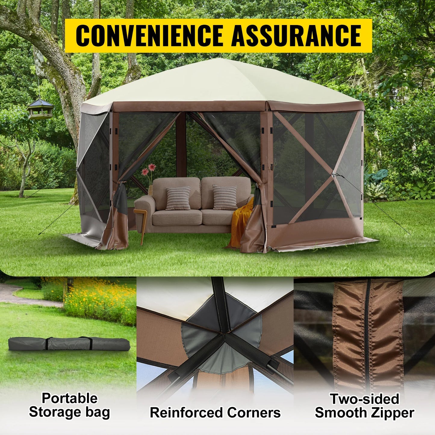 SucceBuy Pop-up Camping Gazebo Camping Canopy Shelter 6 Sided 12' x 12' Sun Shade Tents & Canopies Camping & Hiking