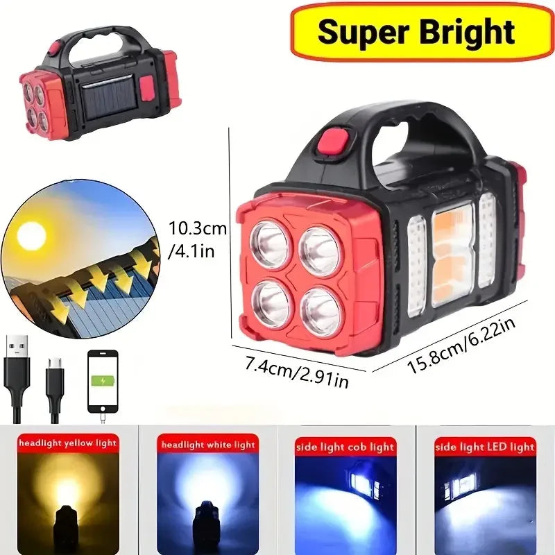 LED Flashlight USB+Solar Rechargeable Flashlight COB Outdoor Camping Torch Portable Searchlight Power Bank for Fishing Outdoor