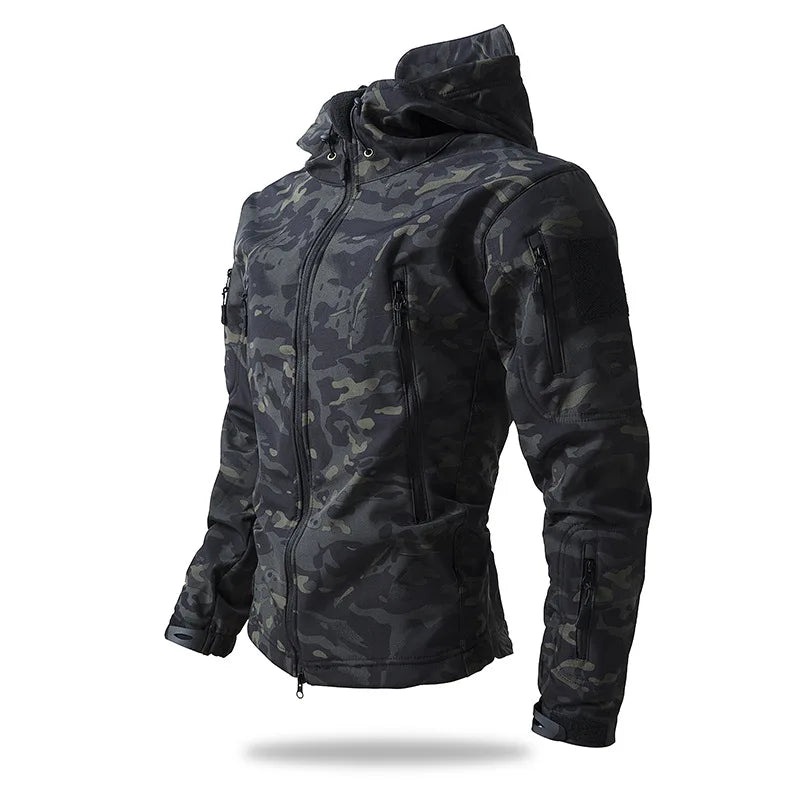 Men's hooded casual military outdoor multifunctional jacket, fashionable shark skin soft shell tactical waterproof jacket