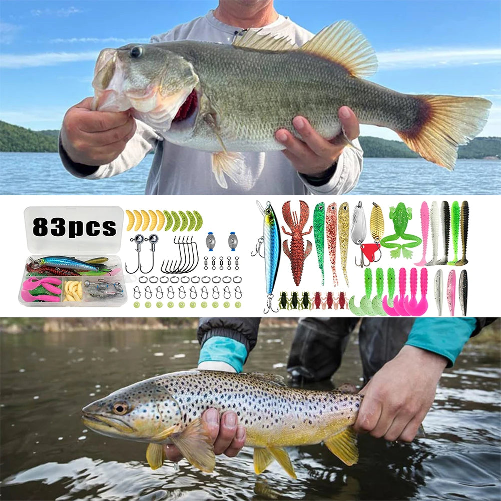 83pcs Fishing Lures Kit Soft and Hard Bait Hooks Sinker Weights Fishing Accessories Gifts for Men