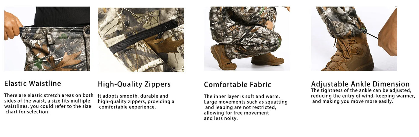 Quiet Hunting Pants Softshell Fleece-Lined Camouflage Clothes Clothing Gear for Men