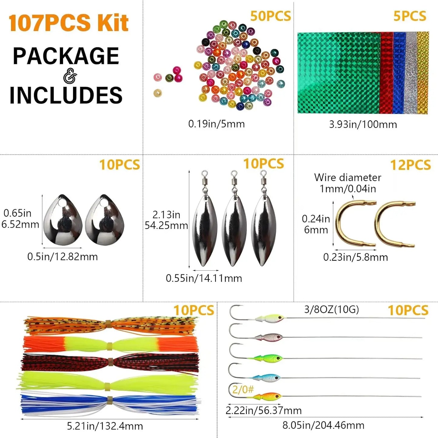 107pcs Fishing Lure Making Kit DIY Spinner Making Kit, Inline Spinner Baits for Bass Fishing Trout Freshwater Gift for Men