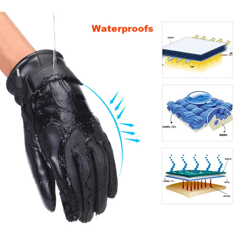 Heating Thermal Gloves Windproof Riding Heating Gloves Waterproof Outdoor Keep Warm Guantes PU Leather for Snowmobile Motorcycle