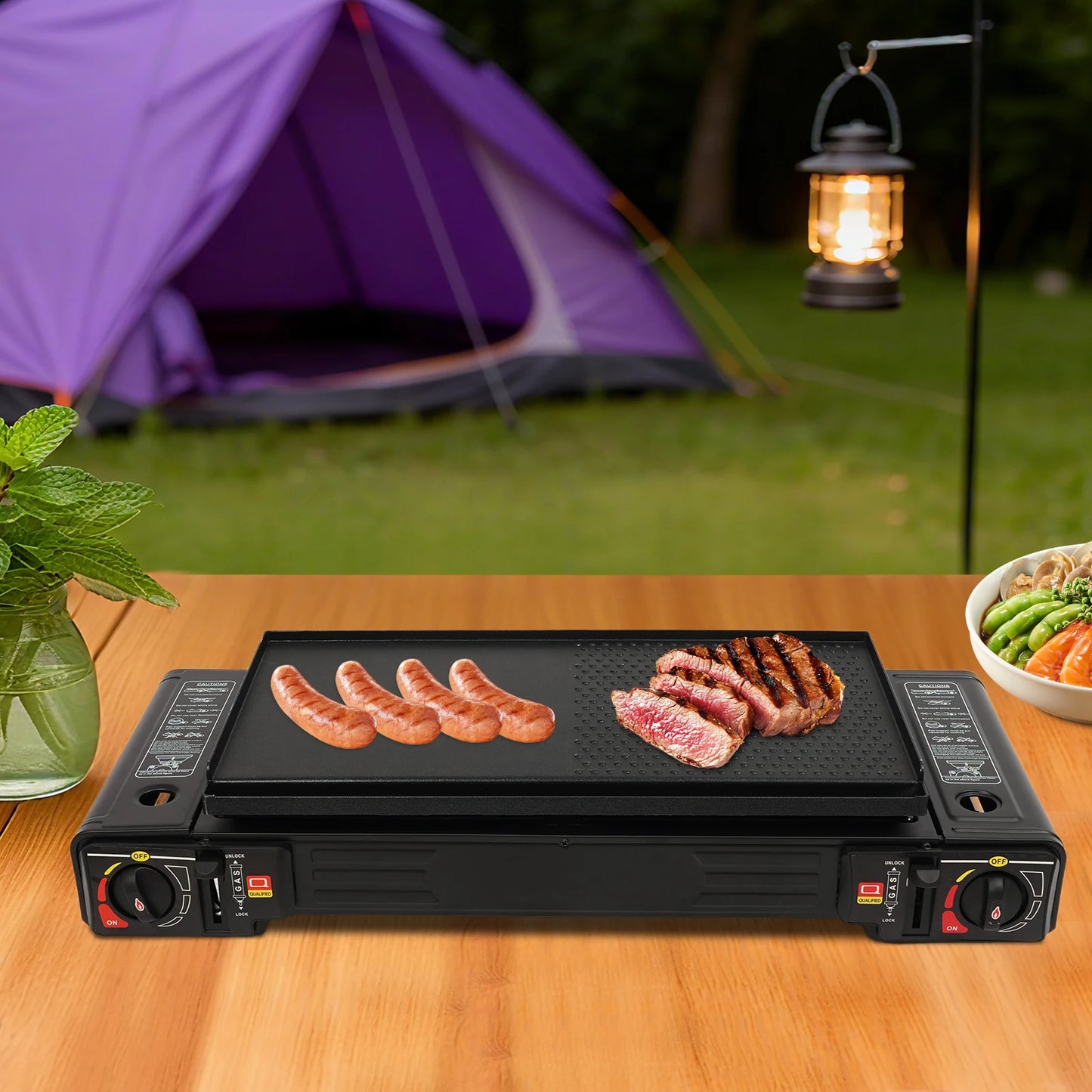Portable Camping Stove Double Head Barbecue Gas stove with  2 Burners&Baking Tray for Home Application Outdoor Camping