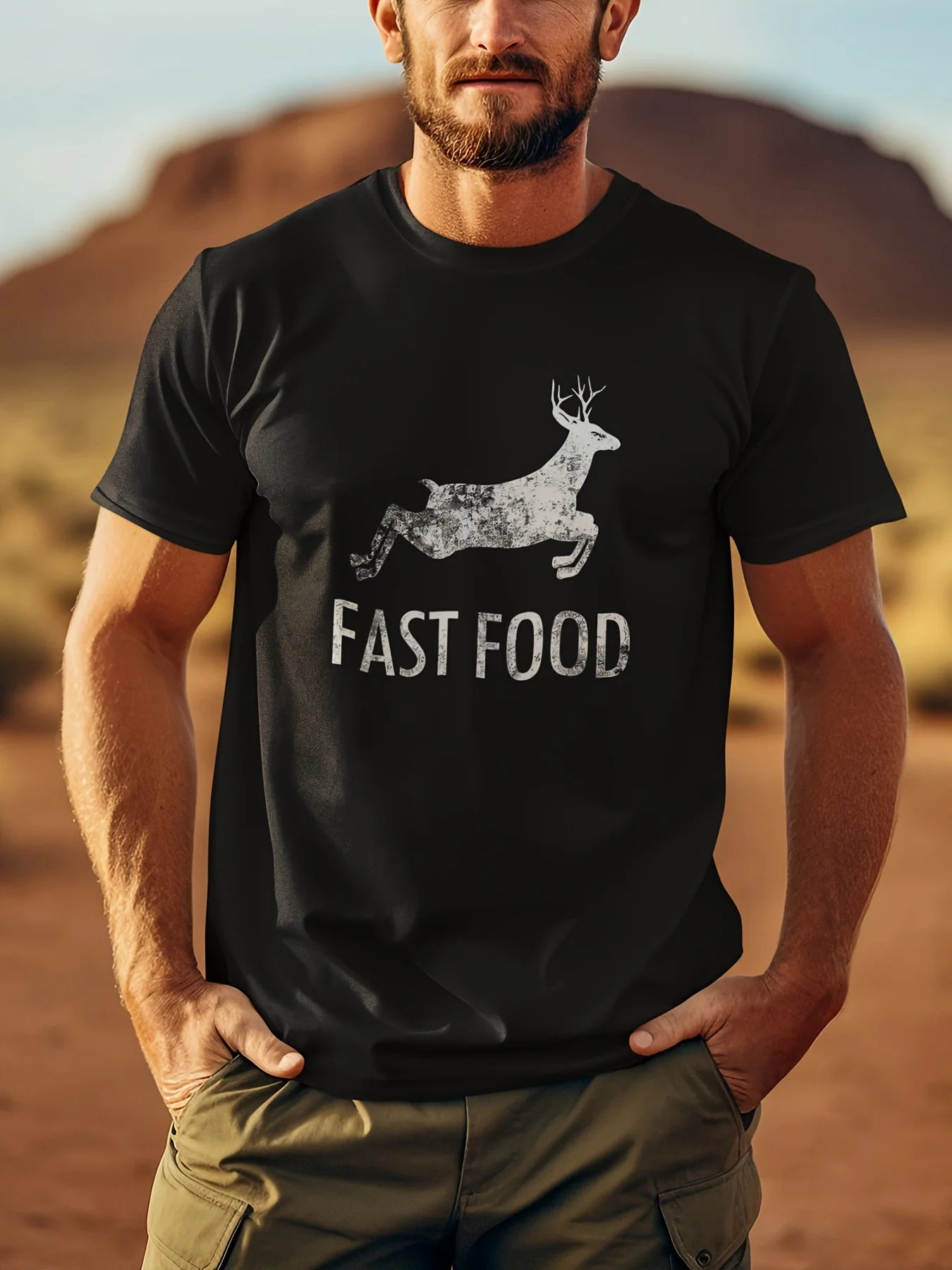 Funny Deer Hunting Tee - Men's Short Sleeve Graphic T-Shirt with Fast Food Print