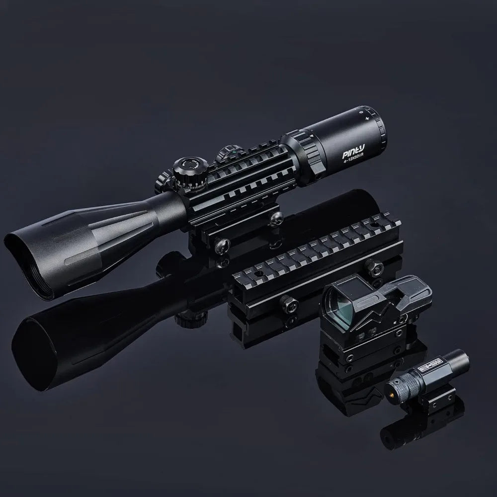 Rifle Scope Red Dot Laser Combo 4-12x50 Illuminated Optics with 4 Reticle Red Green Reflex Sight, Green Dot Laser Sight