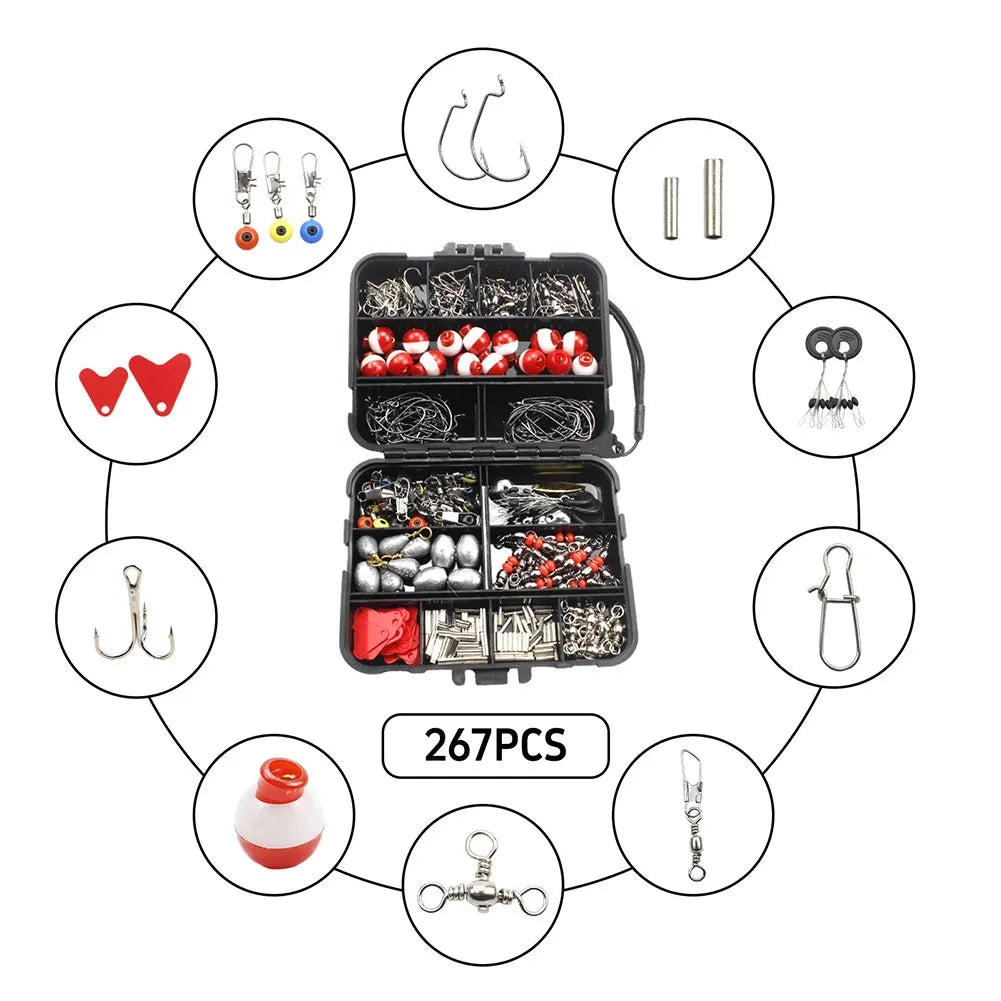 267pcs Fishing Tools Accessories Kit Set Including Box Fish Hooks Bait Parts Sinkers Fishing Gear Set Fishing Gifts for Men