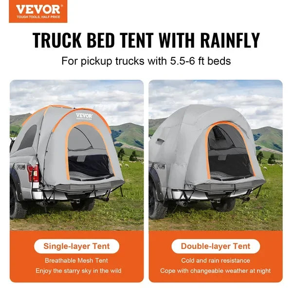 VEVOR Truck Bed Tent, 5.5'-6' Pickup Truck Tent with Rain Layer and Carry Bag, Waterproof PU2000mm Double Layer Truck Tent for C