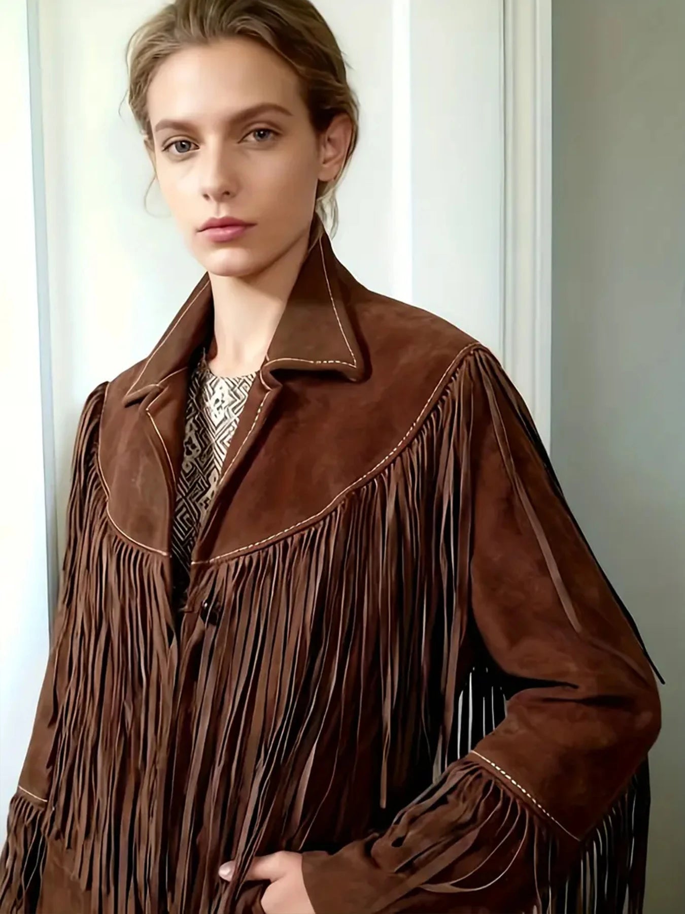 New Women's Vintage Suede Fringed Long-Sleeved Turtleneck Jacket, Western Style, Machine Washable