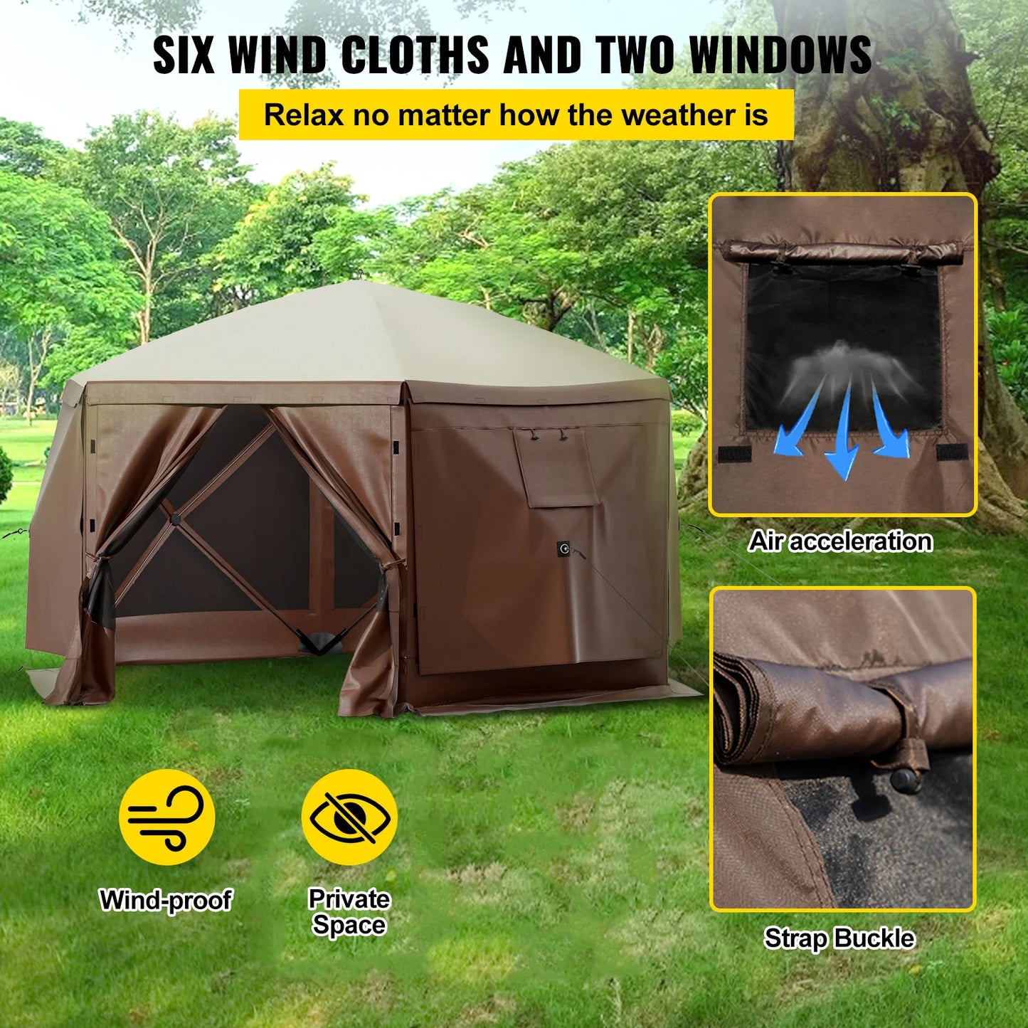 SucceBuy Pop-up Camping Gazebo Camping Canopy Shelter 6 Sided 12' x 12' Sun Shade Tents & Canopies Camping & Hiking