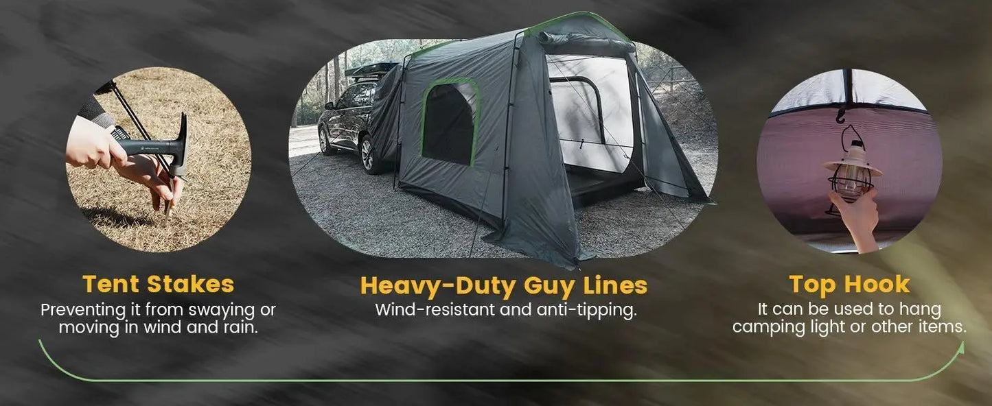 W_SUV Tent, 5-9 Person Rectangle Car Tent for Family, Waterproof & Windproof for Car Camping, Large Camping Tents with Storage