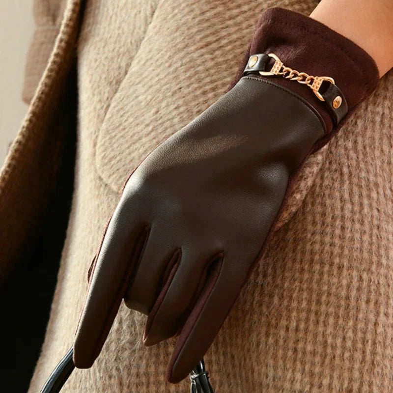 Winter Women Suede Leather Plus Velvet Keep Warm Chain Gloves Fashion Elegant Touch Screen Soft Drive Cycling Windproof Mittens