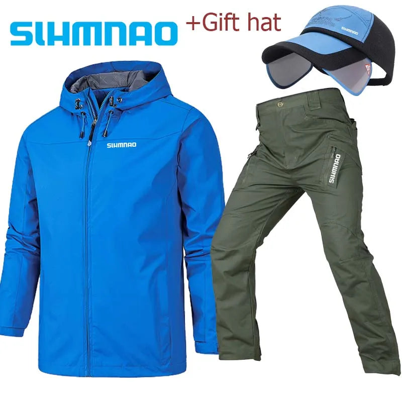 2025 Spring and Autumn Hooded Waterproof Fishing Set, Outdoor Hunting Tactical Pants, Mountaineering Cycling Clothes