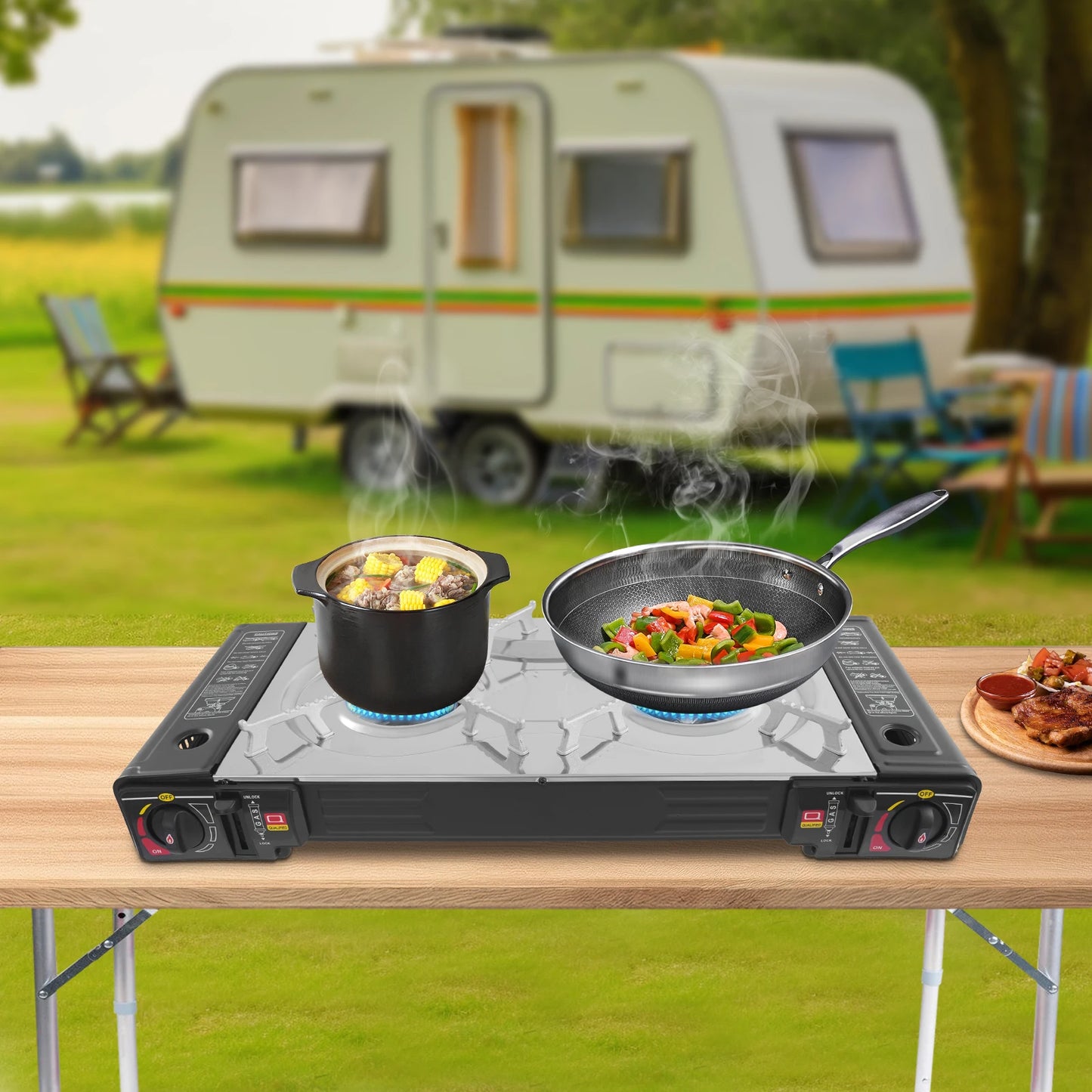 Double Head Barbecue Gas Stove Portable Camping Barbecue Stove with Baking Tray Outdoor Picnic Barbecue Tool