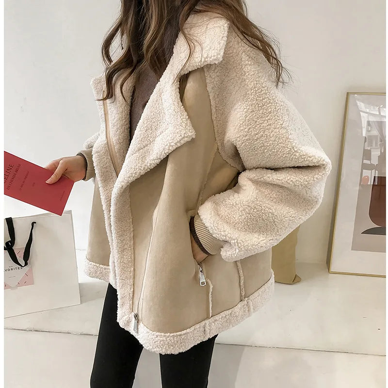 2025 Fall/Winter New Women's Jacket, Versatile Loose Fit, Faux Suede and Shearling Short Lamb Wool Biker Jacket