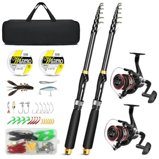 6.89ft Telescopic Carbon Fiber Fishing Rod and Reel Combo 2PCS with Spinning Reels 2 Fishing Line 2 Fishing Hooks Bait Set Port
