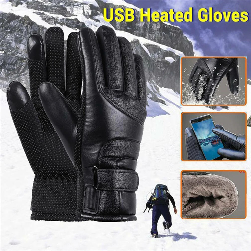Leather Electric Heating Gloves Waterproof Outdoor Winter Gloves Heated Touchscreen Hand Warmer for Hiking Skiing Fishing