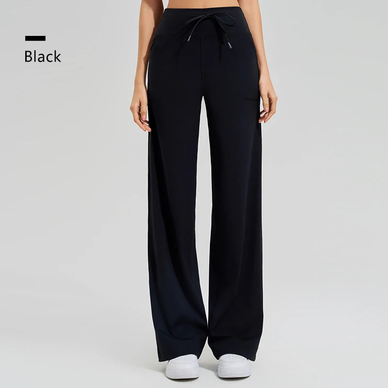 Women's High Waist Yoga Pants Gym Loose Running Yoga Pants Double Side Brushed with Pockets Pants Ties