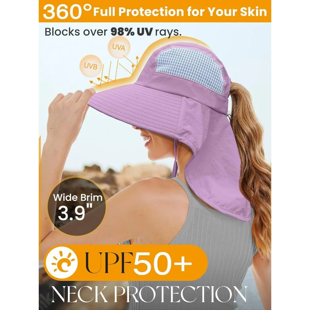 Sun Hats for Women UV Protection with Neck Flap Wide Brim Beach Hats with Ponytail Hole for Hiking Fishing Gardening Travel