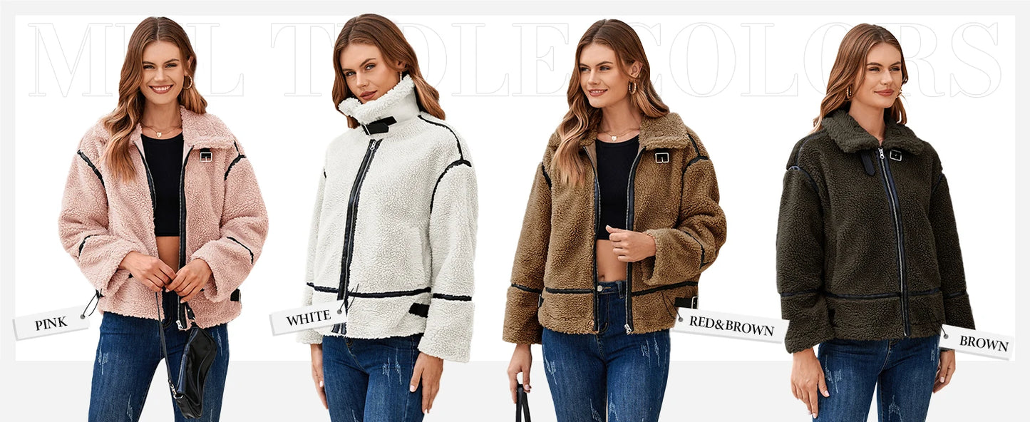 Womens Winter Autumn Daily 2025 Faux Fur Jackets Winter Trendy Sherpa Moto Leather Patchwork Zip Up Coat