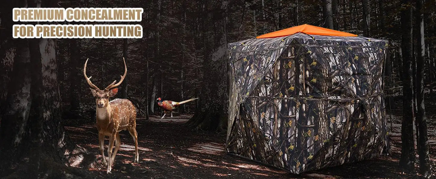 A—Hunting Blind 300D See Through Ground Blinds with Carrying Bag, 2/3/4 Person 270 Degree 2 Doors Pop Up Deer Blind Portable