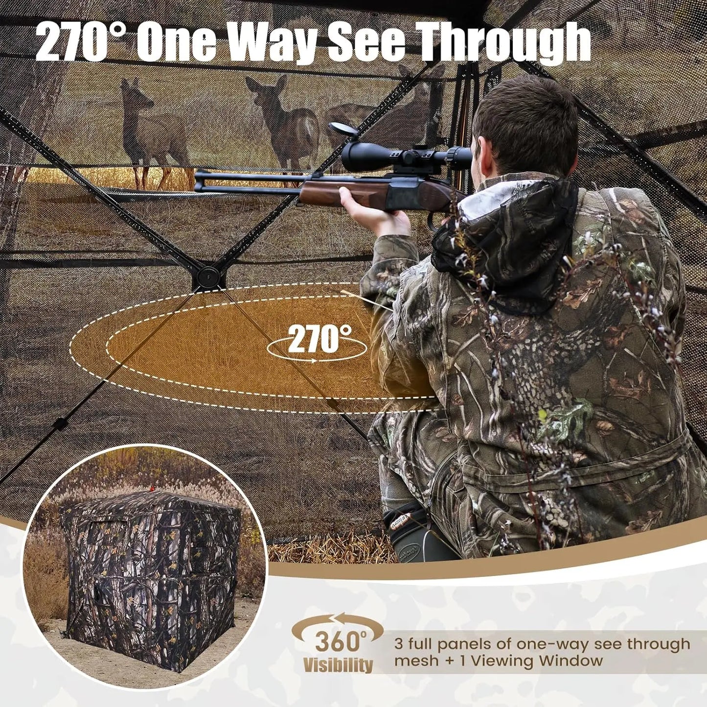 A—Hunting Blind 300D See Through Ground Blinds with Carrying Bag, 2/3/4 Person 270 Degree 2 Doors Pop Up Deer Blind Portable