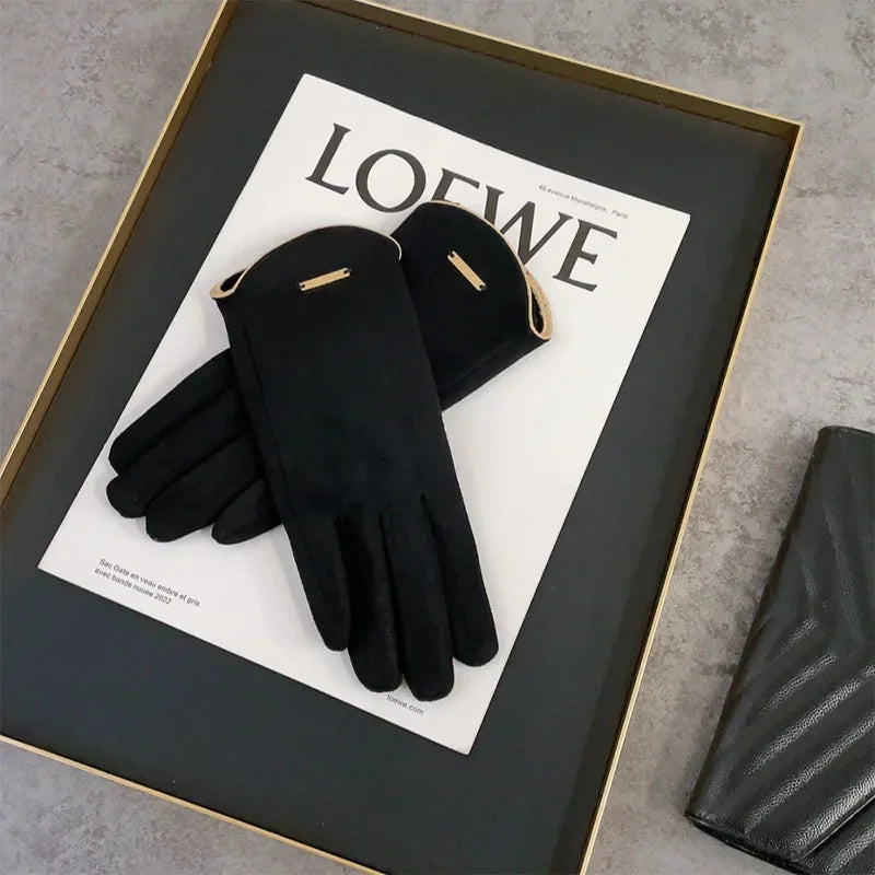Women Autumn Winter Keep Warm Touch Screen Thin Solid Simple Gloves Cycling Drive Suede Fabric Elegant Windproof