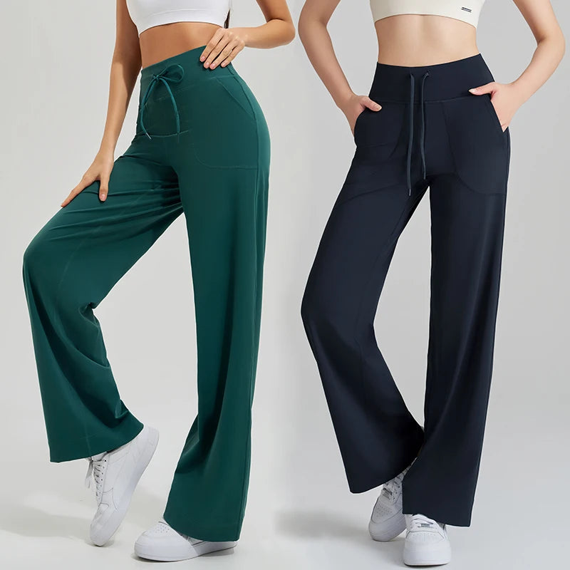 Women's High Waist Yoga Pants Gym Loose Running Yoga Pants Double Side Brushed with Pockets Pants Ties