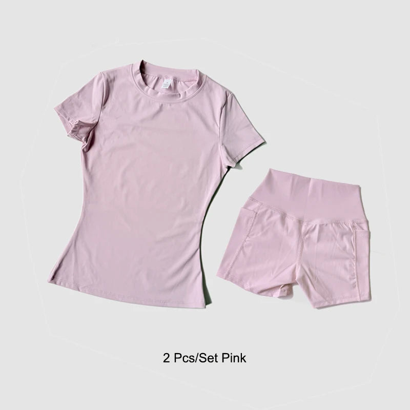 Women's Sports Yoga Set Seamless Knitted Fitness Gym Clothes Sportswear Short Sleeve Crop Top Tracksuits Gym Short Leggings