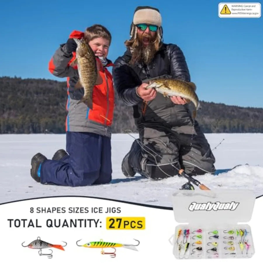 Portable Ice Fishing Rod and Reel Combo 28'' Set with Inline Reels Lures Ice Cleats Carrier Bag Folding Stool Fishing Line and