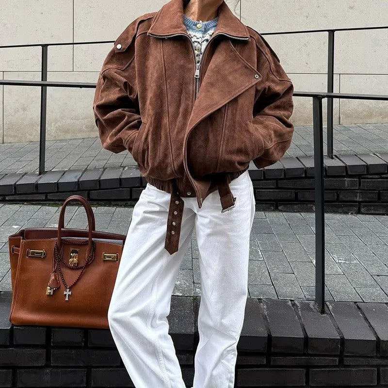 Women's Retro Jacket 2025 Casual Loose Brown Fashionable Outerwear for Ladies